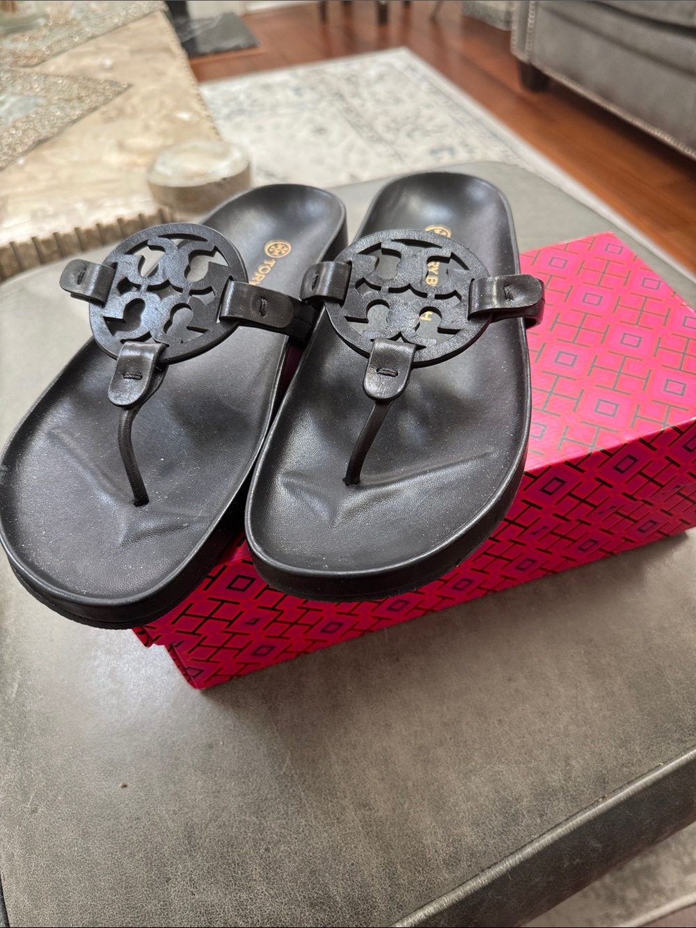 Tory Burch Black Patent Miller Thong Sandals